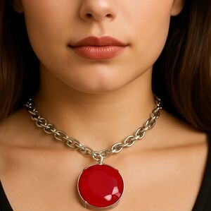 Bold Red Oval Pendant Necklace – Women’s Silver-Tone Statement Jewelry - 18-inch